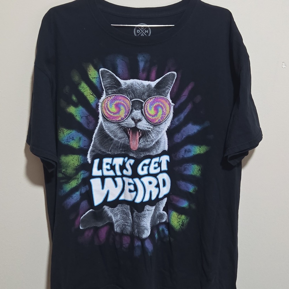 DXM Let's Get Weird Cat Graphic T Shirt XL Black Psychedelic Swirl Sunglasses 10